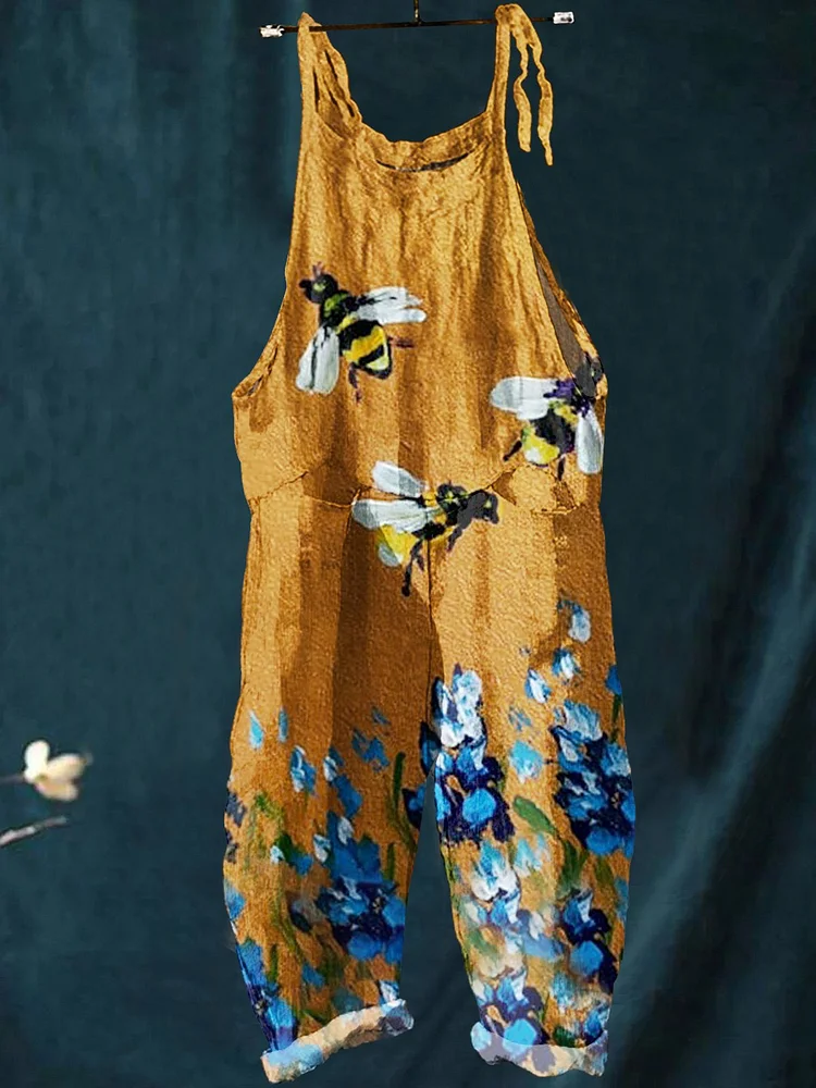 Women's   Bee   Art  Print Casual 100% Cotton Wide Leg Jumpsuit