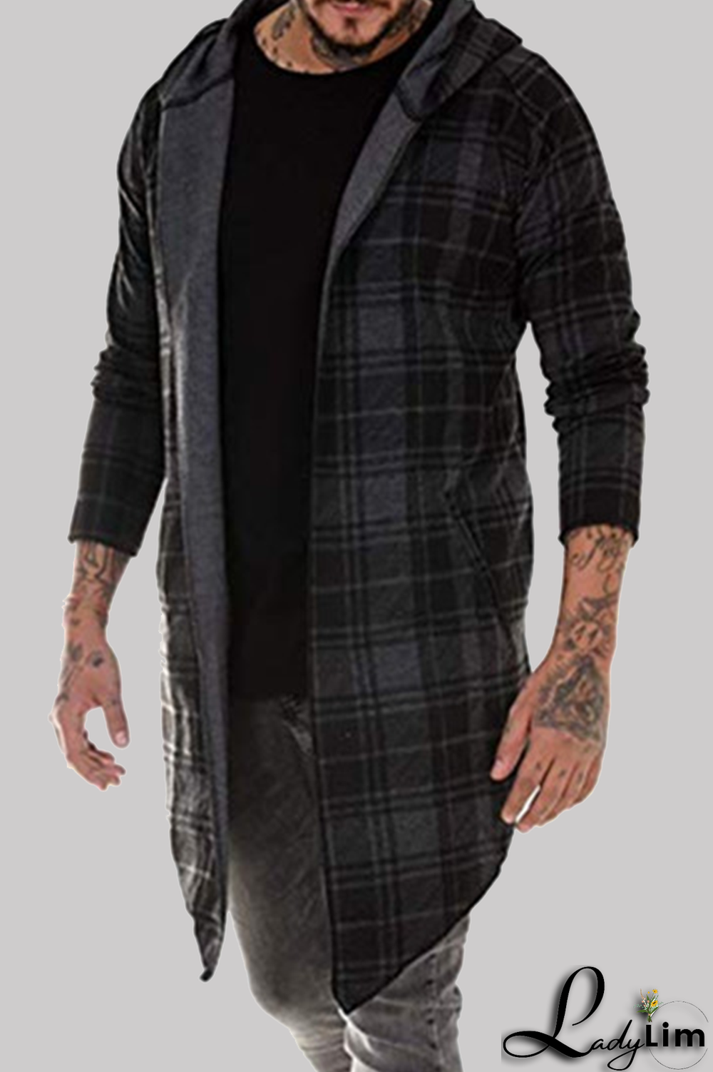 Dark Gray Fashion Casual Plaid Split Joint Hooded Collar Outerwear