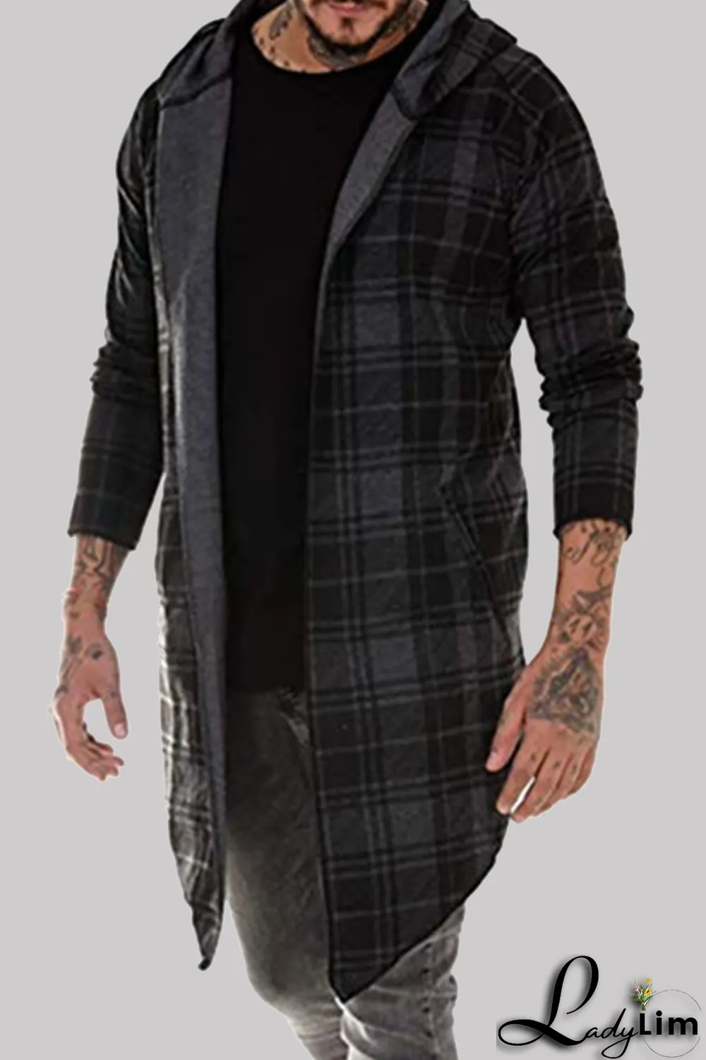 Dark Gray Fashion Casual Plaid Split Joint Hooded Collar Outerwear