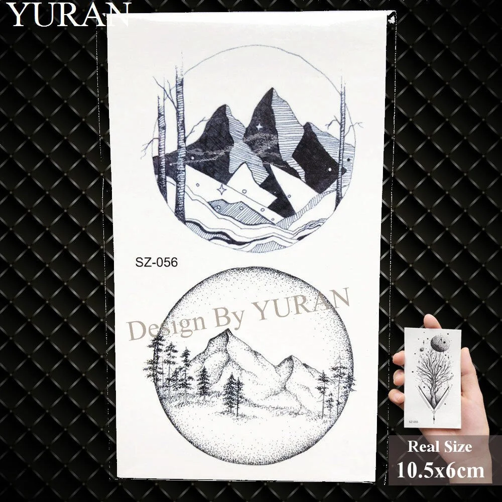 YURAN Black Mountain River Geometric Tattoo Stickers Women Body Arm Moon Temporary Tattoo Men Ankle Wolf Round Fake Tatoo 3D