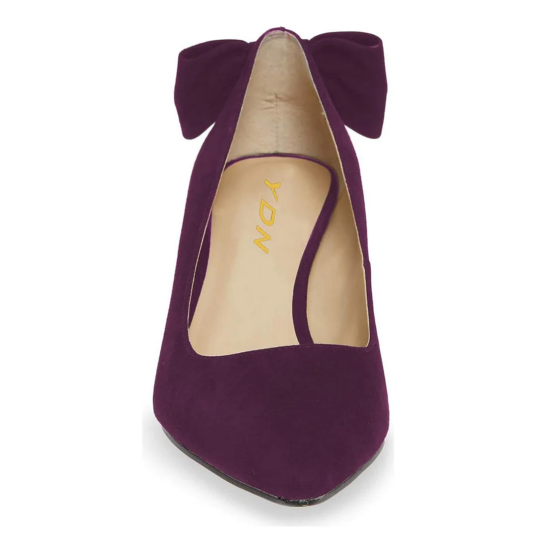 Purple Vegan Suede Back Bow Pointed Toe Kitten Heel Pumps for Women