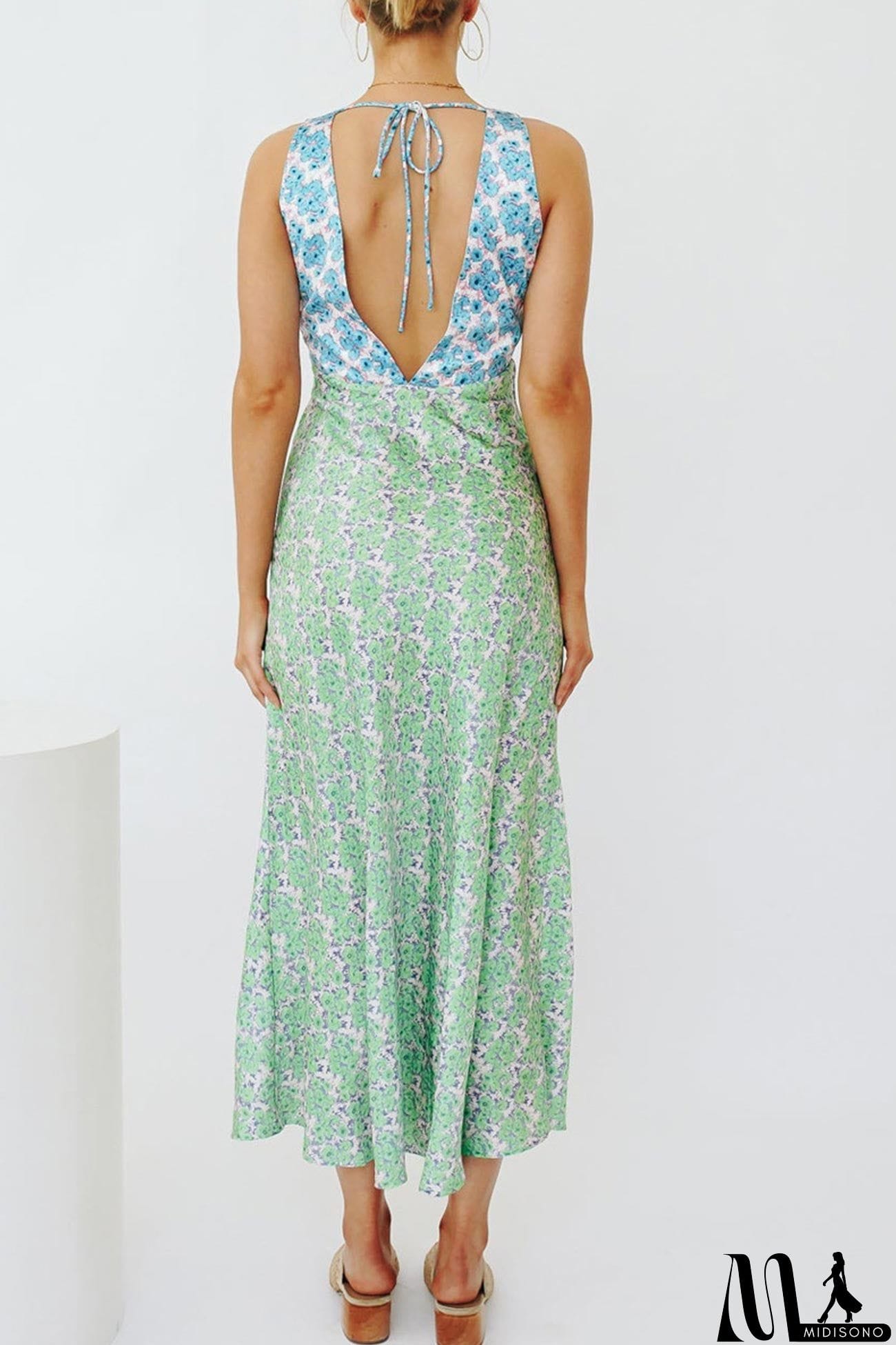 MidiSono - Contrast V Neck Floral Print Tie-back Dress