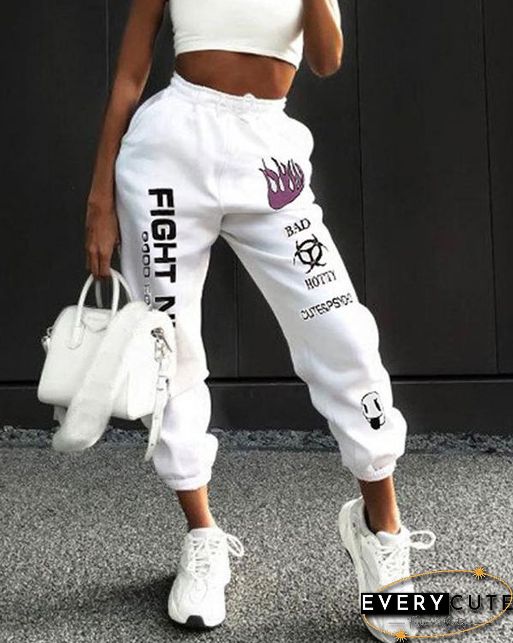 High Rise Lace Up Lettering Graffiti Print Sweatpants