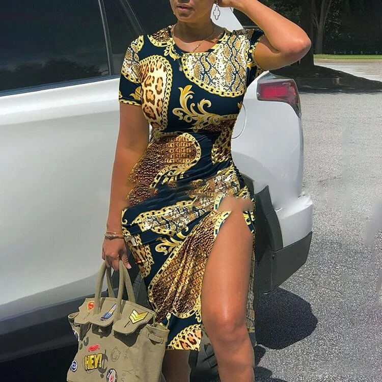 Spring/Summer Camo Print Drawstring Casual Dress 2023 fashion Women's Tie Dyed Round Neck Slim Fit Split Fashion Dress Vestidos 2XL