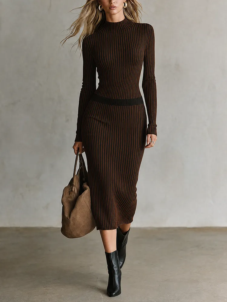 Minimal Vintage Brown Stripe Two-Piece Knit Set