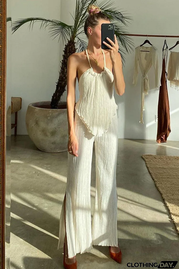 Pleated Tie-back Vest High Waist Slit Long Pants Set