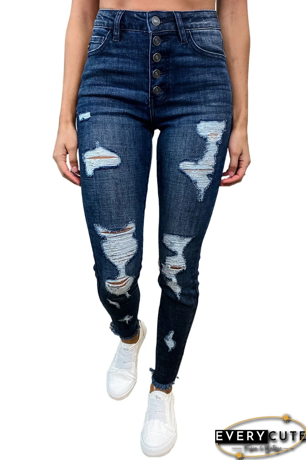 High Rise Multi Button Ripped Jeans