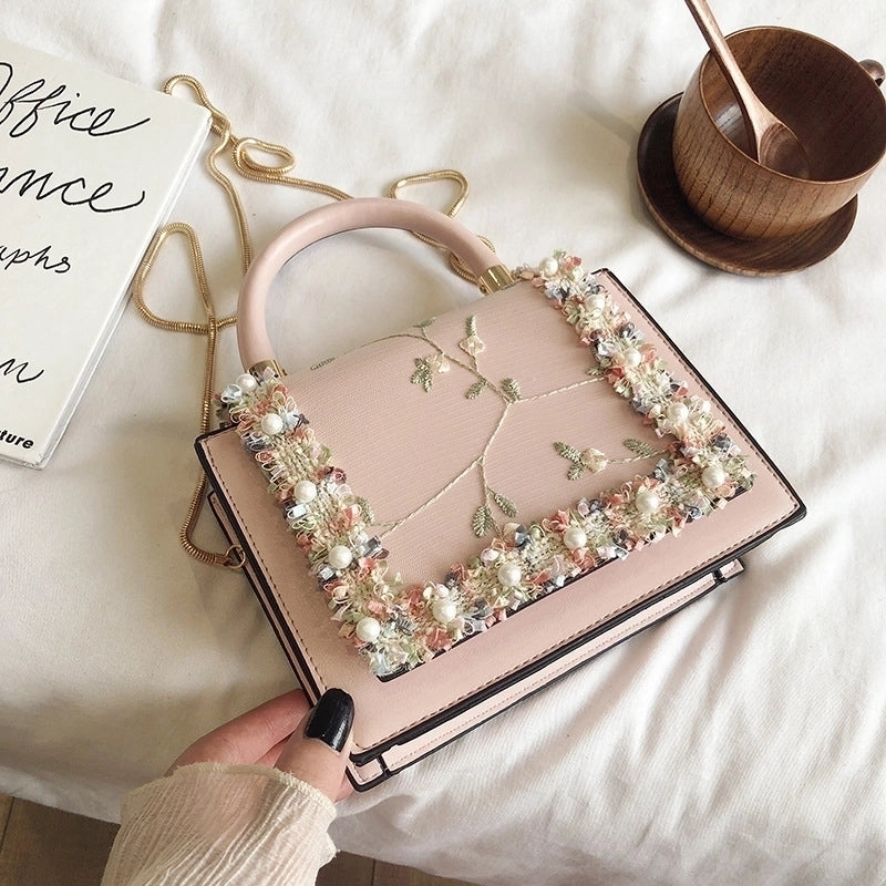 Women’s Small All Seasons Pu Leather Flower Elegant Vintage Style Square Magnetic Buckle Handbag