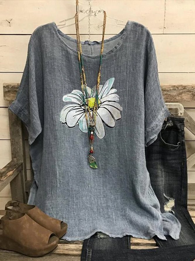 Casual Flower Round Neck T-shirts
