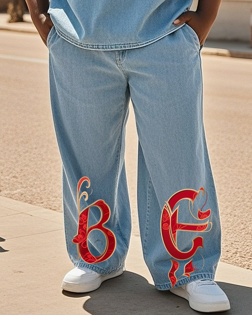 Big & Tall Men's Street Fashion Trend Personality Brand Original Letter Design Denim Trousers