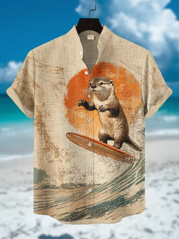 Men's Otter Surfing Japanese Art Print Short Sleeve Shirt