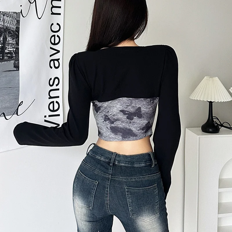 Uveng 2023 Autumn Women's New Sexy Hot Babes Slimming Irregular Niche Design Feeling Long-Sleeved Top