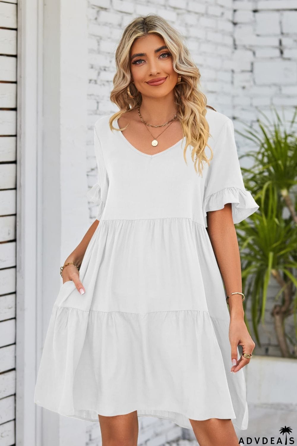 V-Neck Flounce Sleeve Tiered Dress