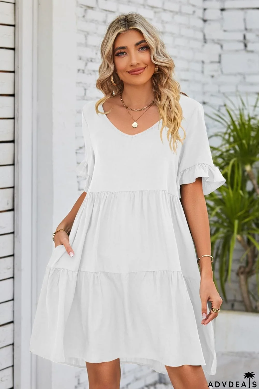 V-Neck Flounce Sleeve Tiered Dress