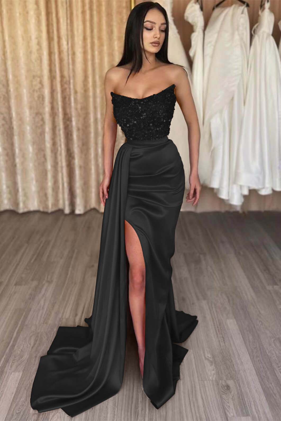 Daisda Red Strapless Elegant Long Sequins Prom Dress Mermaid Slit