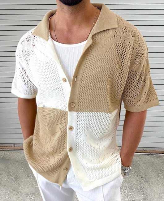 Hollow Knitted Color Block Single Breasted Shirt