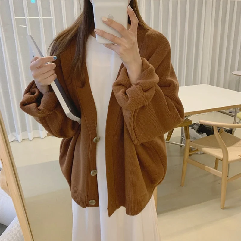 Yitimoky Cardigans New  Autumn Winter Women's Sweaters Plus Size V-Neck Buttons Oversize Fashionable Korean Lady Knitwears