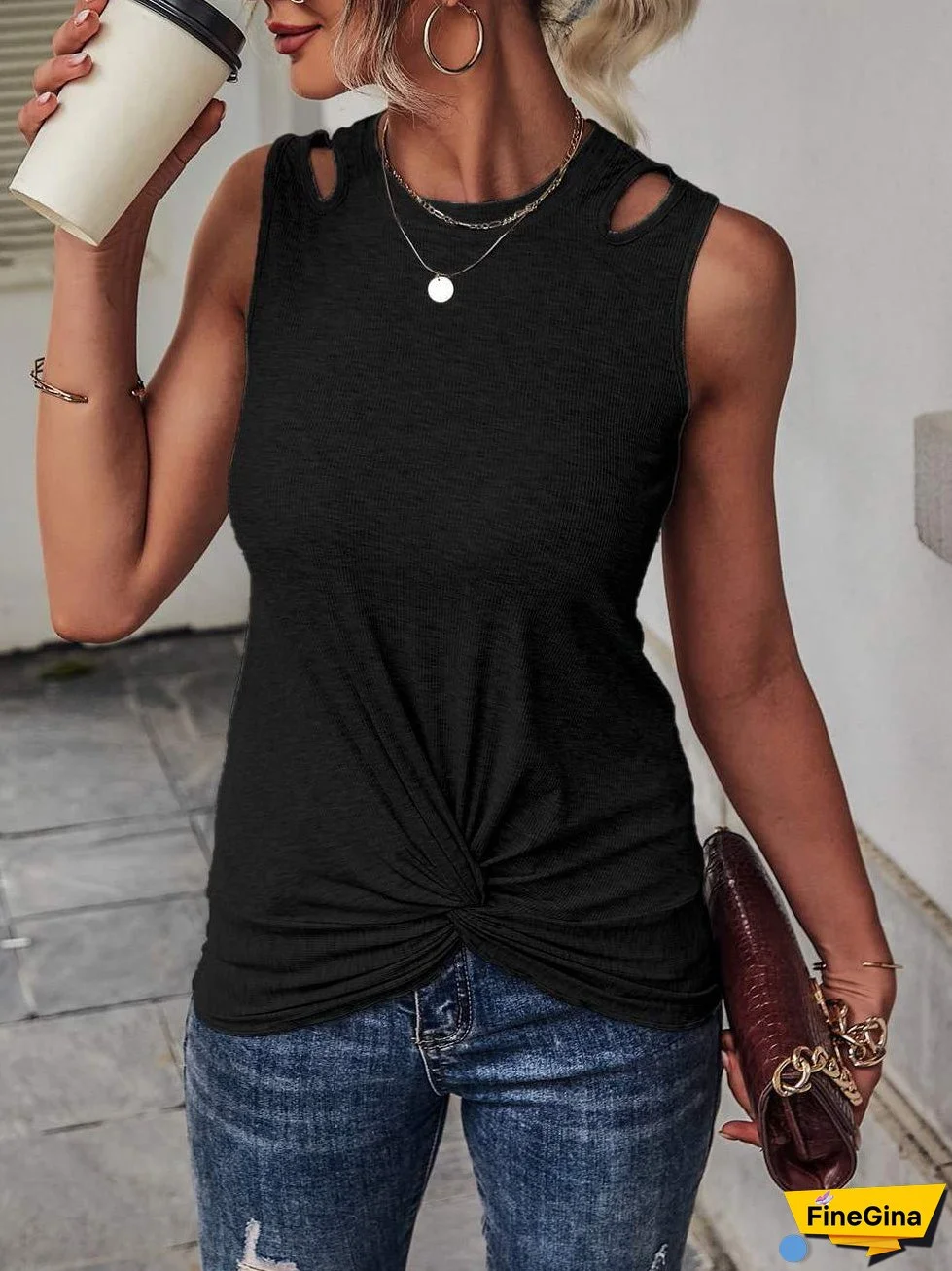 Women's Tank Tops Solid Crew Neck Hollow Knot Tank Top