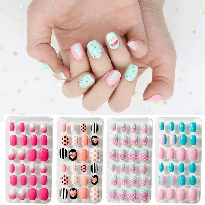24PCS/box Children/adult Cartoon Candy Fake Nails Full Coverage Self-adhesive Nail Polish Cute Girl Manicure Decoration CL02
