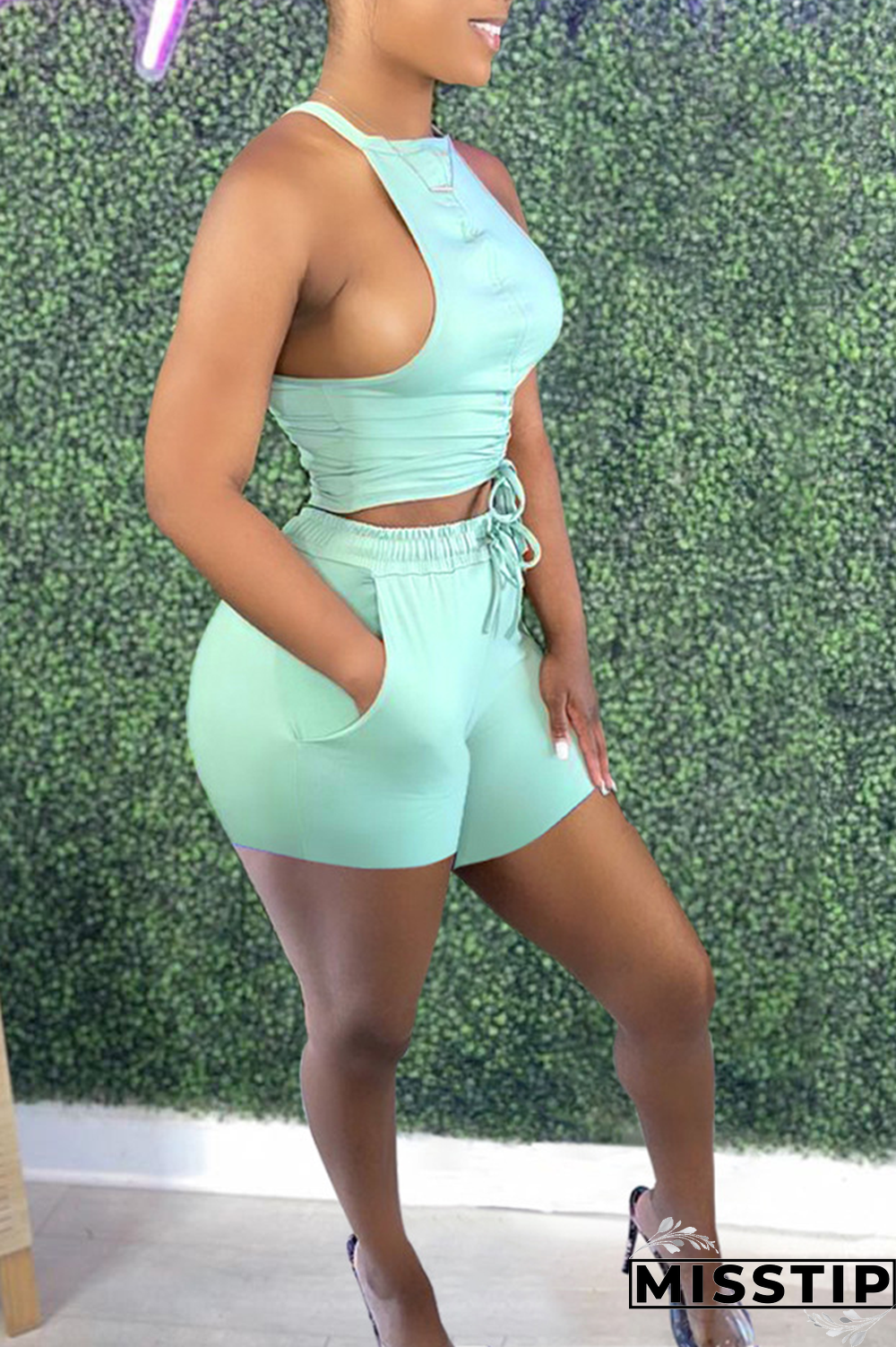 Cyan Casual Solid Patchwork Halter Sleeveless Two Pieces
