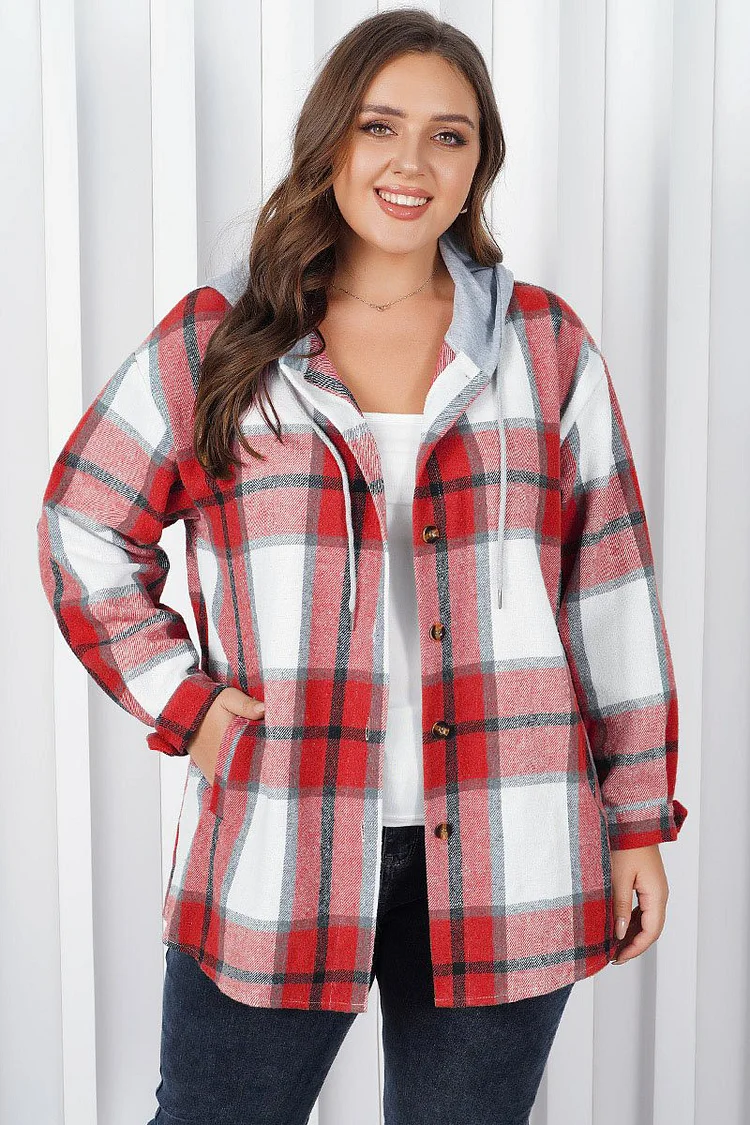 Flycurvy Plus Size Casual Red Flannel Plaid Print Oversized Button Coat  Flycurvy [product_label]