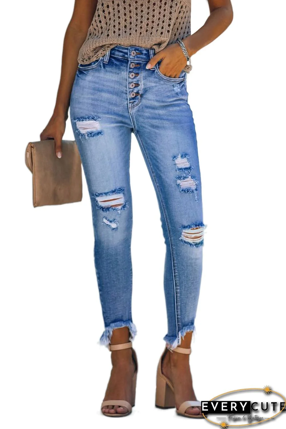 Sky Blue High Rise Button Front Frayed Ankle Skinny Jeans