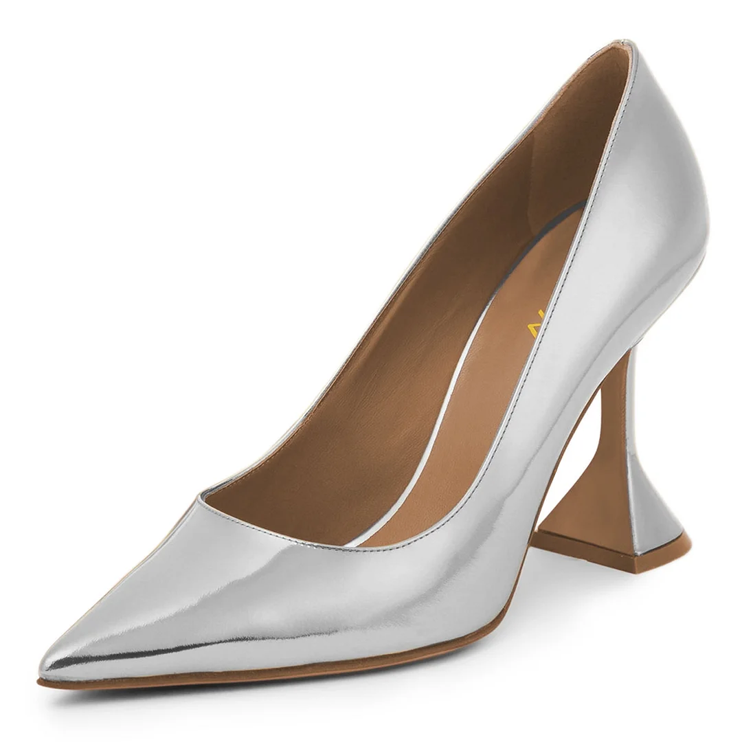 Simple Metallic Finish Pointed Toe Flared Heel Silver Pumps