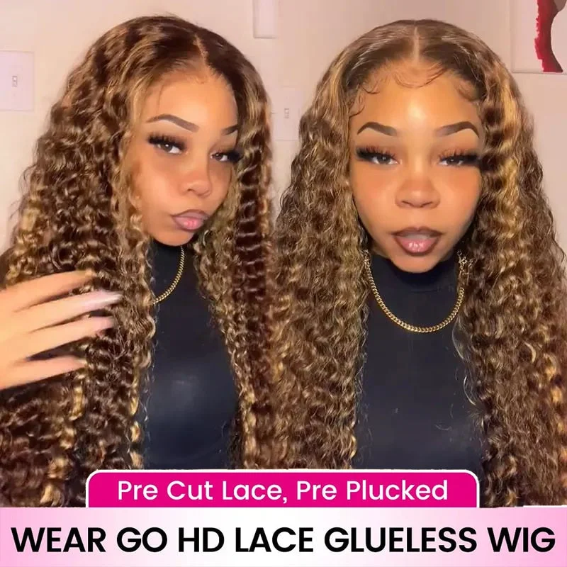 Xpoko 32 Inches Glueless Breathable Air Wig 4-27 Highlight Deep Wave Lace Closure Wigs Human Hair Wigs Pre Cut HD 5X5 Lace Wig