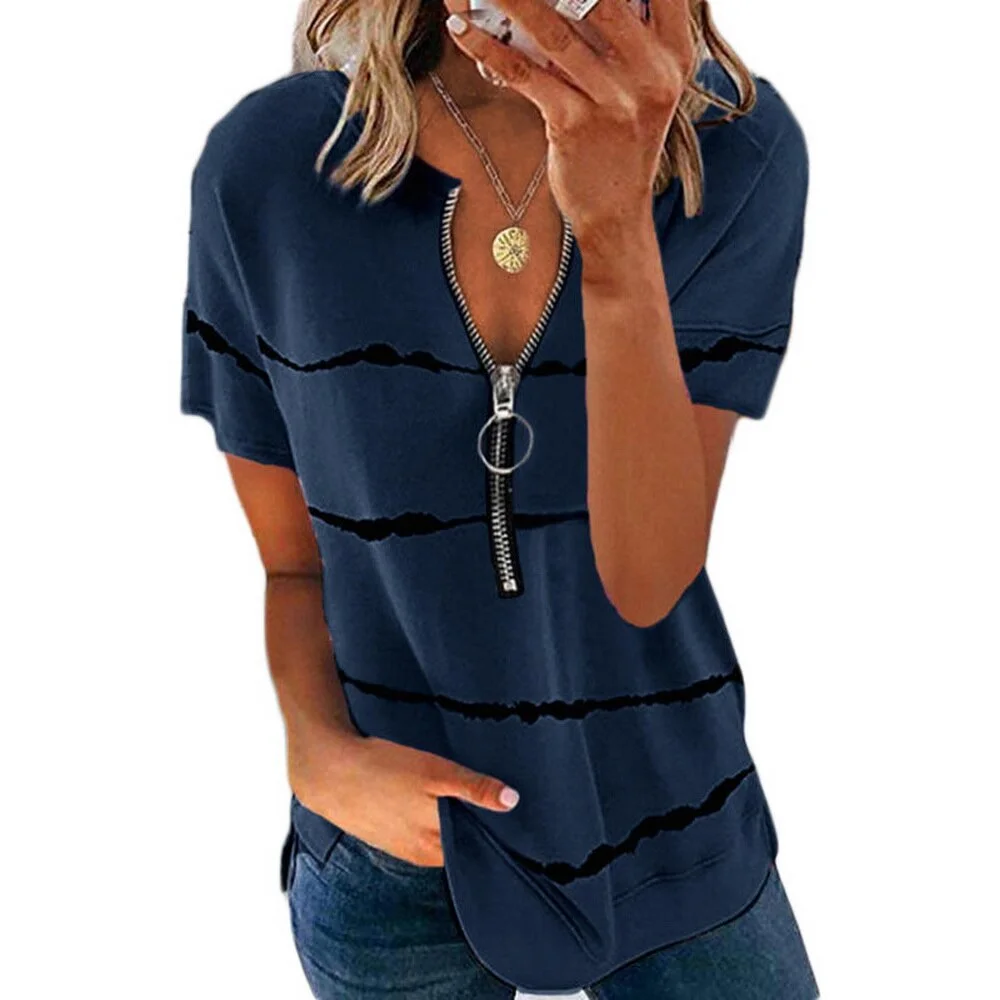 Women Stripe Print Tops Zipper V-neck Short Sleeve Tee Shirts Summer Casual Harajuku Loose Top Camisole Tops Streetwear D30