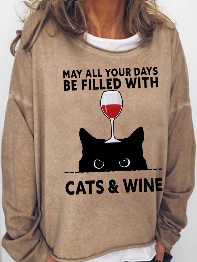 Long Sleeve Crew Neck Black Cat May All Your Days Be Filled With Cats & Wine Casual Sweatshirt