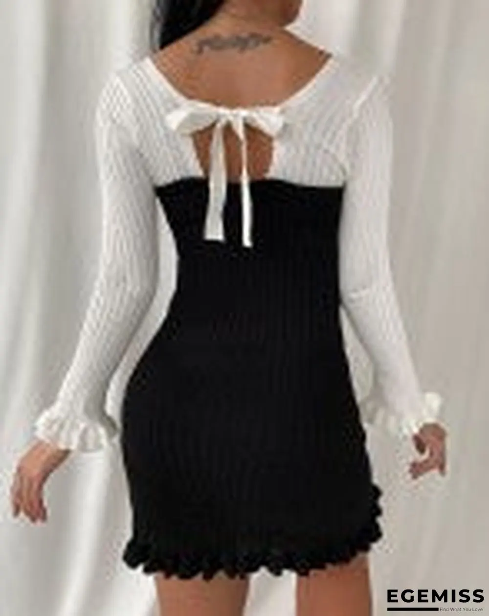 Frill Hem Tied Back Knit Bodycon Dress Black Dresses | EGEMISS