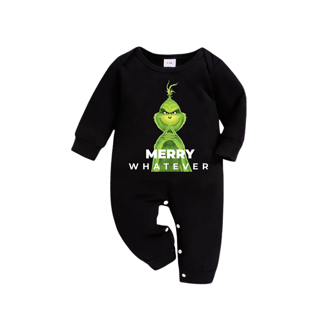 Cute Cartoon Pattern and "Merry Whatever" Slogan Printed Black Long Sleeve Top with Black And Green Plaid Pants Family Matching Pajamas