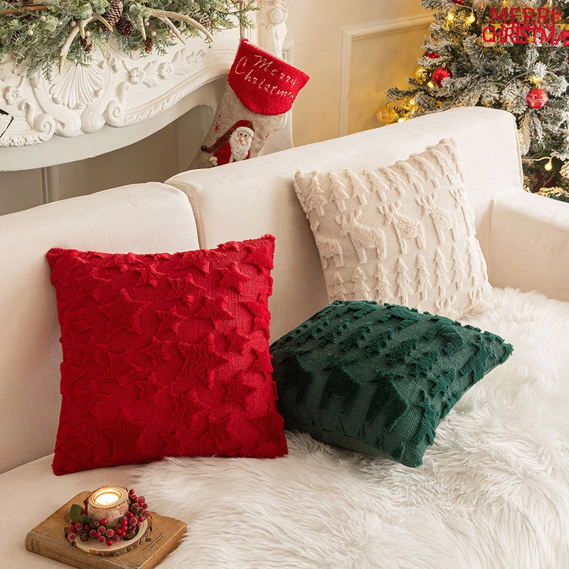 Christmas Pillow Case Plush Snowflake Christmas Tree Embroidered Hair Living Room Sofa Cushion Holiday Party Decorative Pillow Case