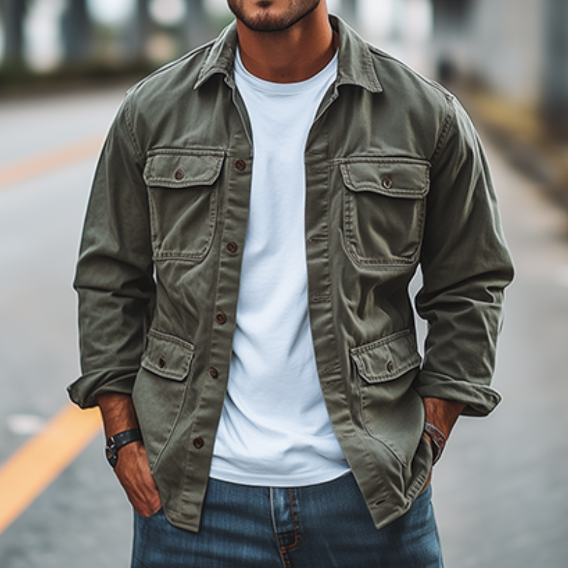 Men's Classic Retro Casual Workwear Washed Multi-Pocket Jacket