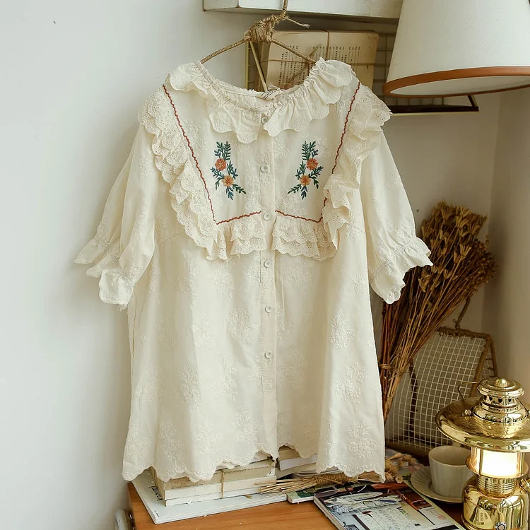 Queenfunky cottagecore style 100% Cotton Lace Embroidered Blouse QueenFunky