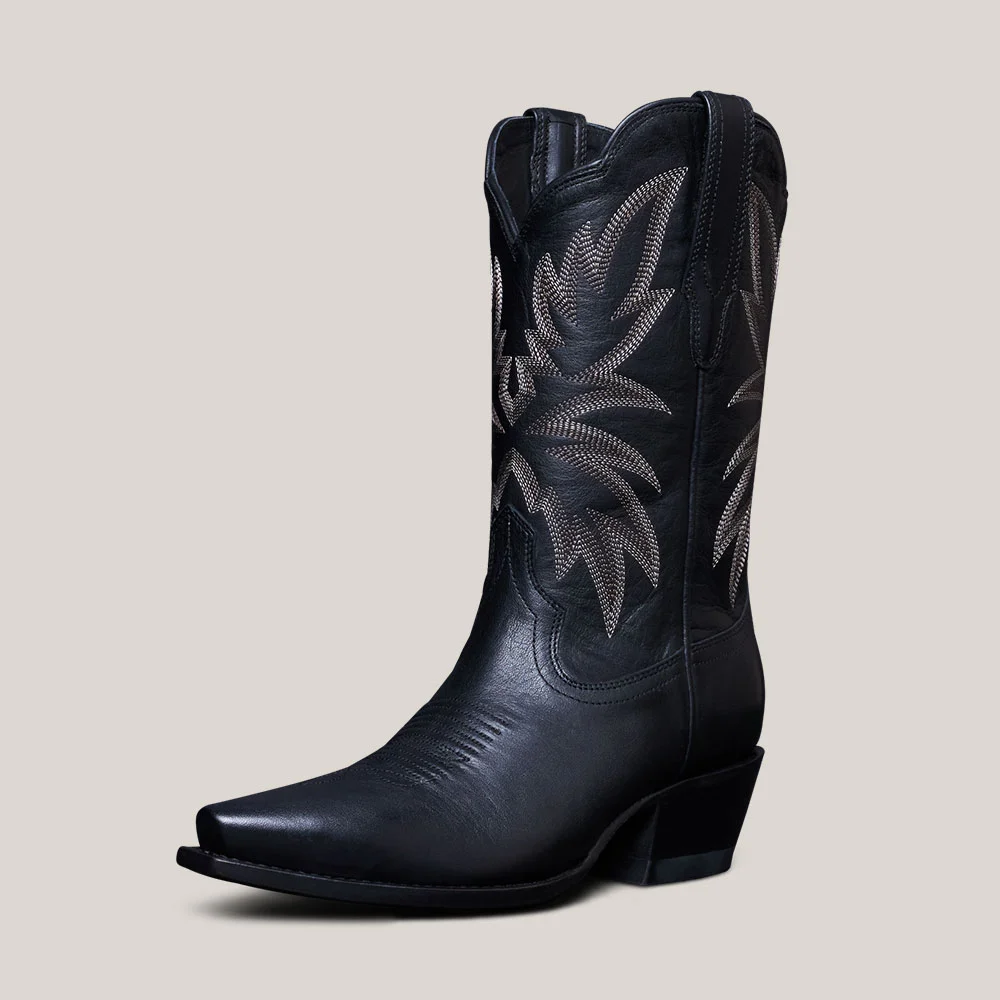 Women's Snip Toe Block Heel Black Embroidered Cowgirl Boots
