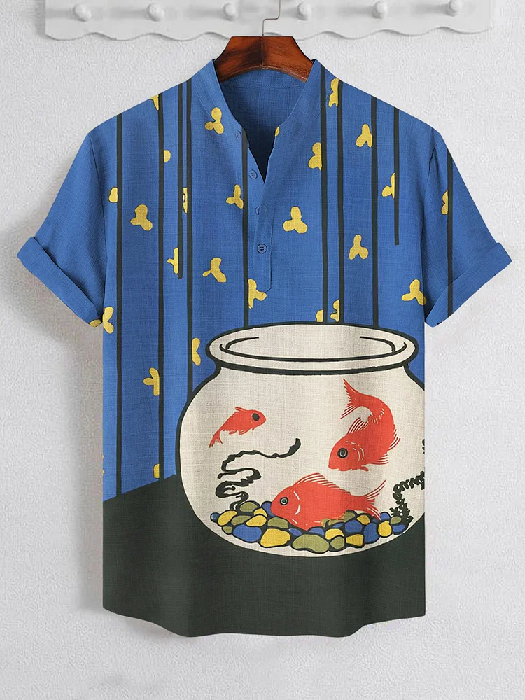 Men's Goldfish Tank Print Half Button Short Sleeve Shirt