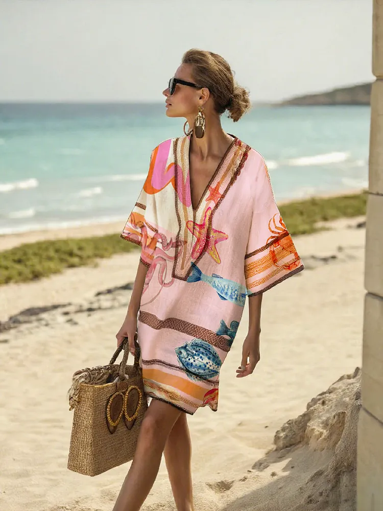 Printed Cotton and Linen Women's V-Neck Skirt