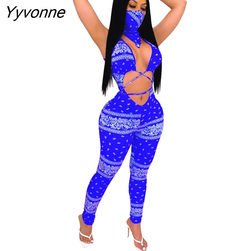 Yyvonne Bandana Scarf Print Sexy Jumpsuits for Women Hollow Out With Mask Playsuit 2023 New Fashion Bandage Women Sexy Jumpsuit