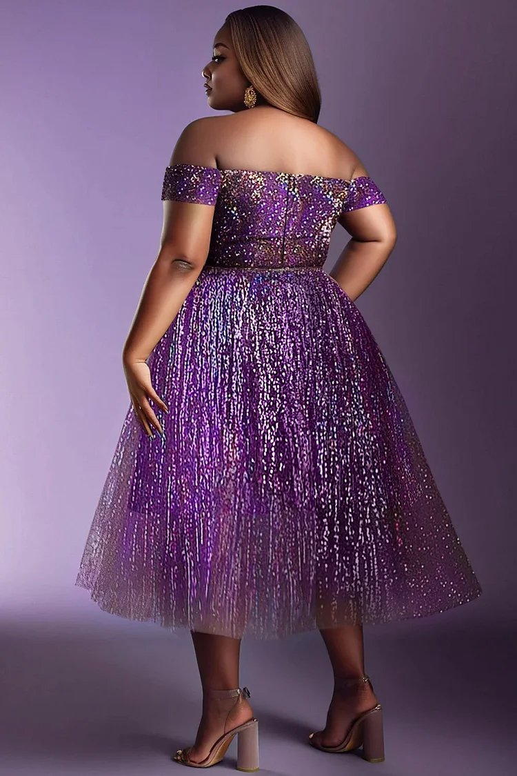 Xpluswear Design Plus Size Party Purple Elegant Off The Shoulder High Low Hem Tulle Mini Dresses [Pre-Order]