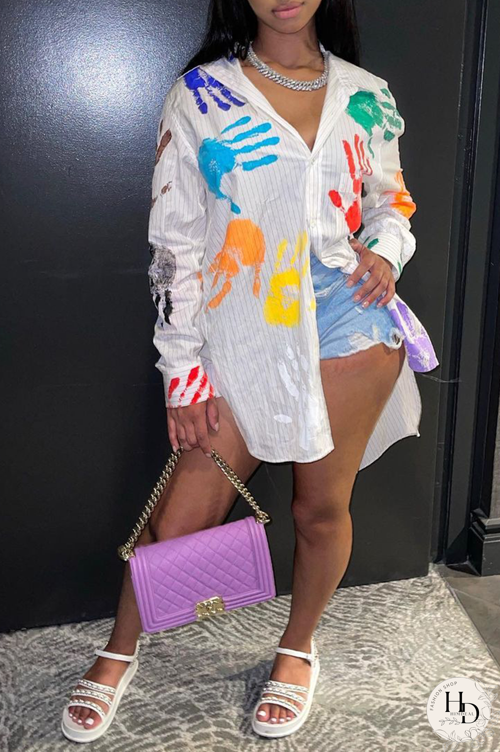 White Casual Print Patchwork Turndown Collar Tops