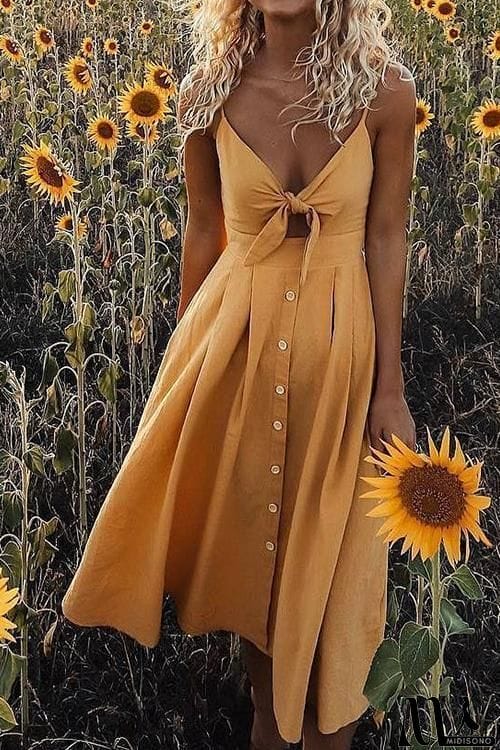 MidiSono - Backless Hollow Bow Tie Button Front Slip Dress