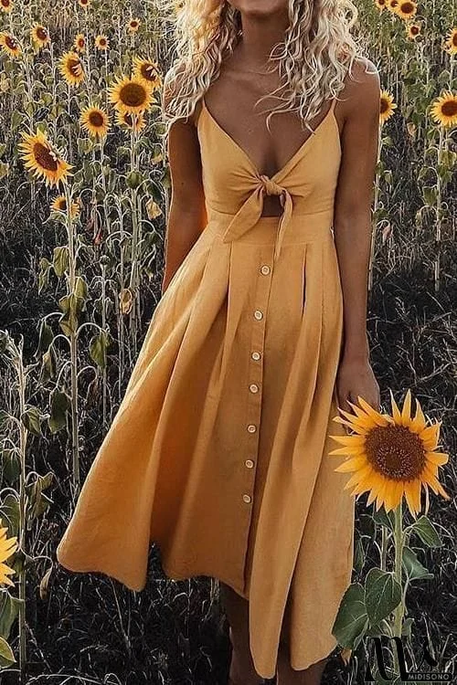 MidiSono - Backless Hollow Bow Tie Button Front Slip Dress