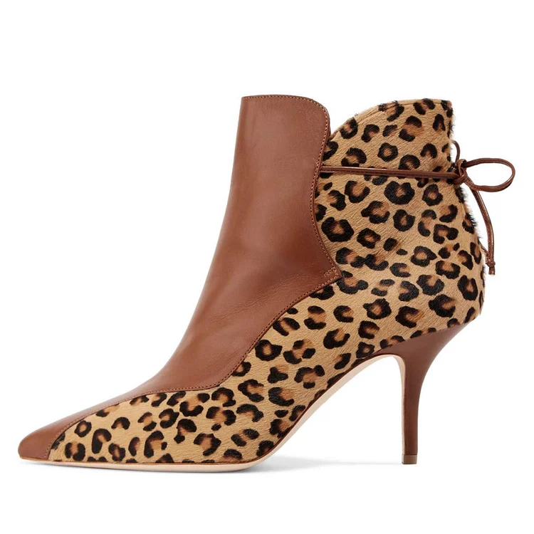 Brown & Leopard Booties Pointy Toe Back Laced Haircalf Ankle Boots |FSJ Shoes