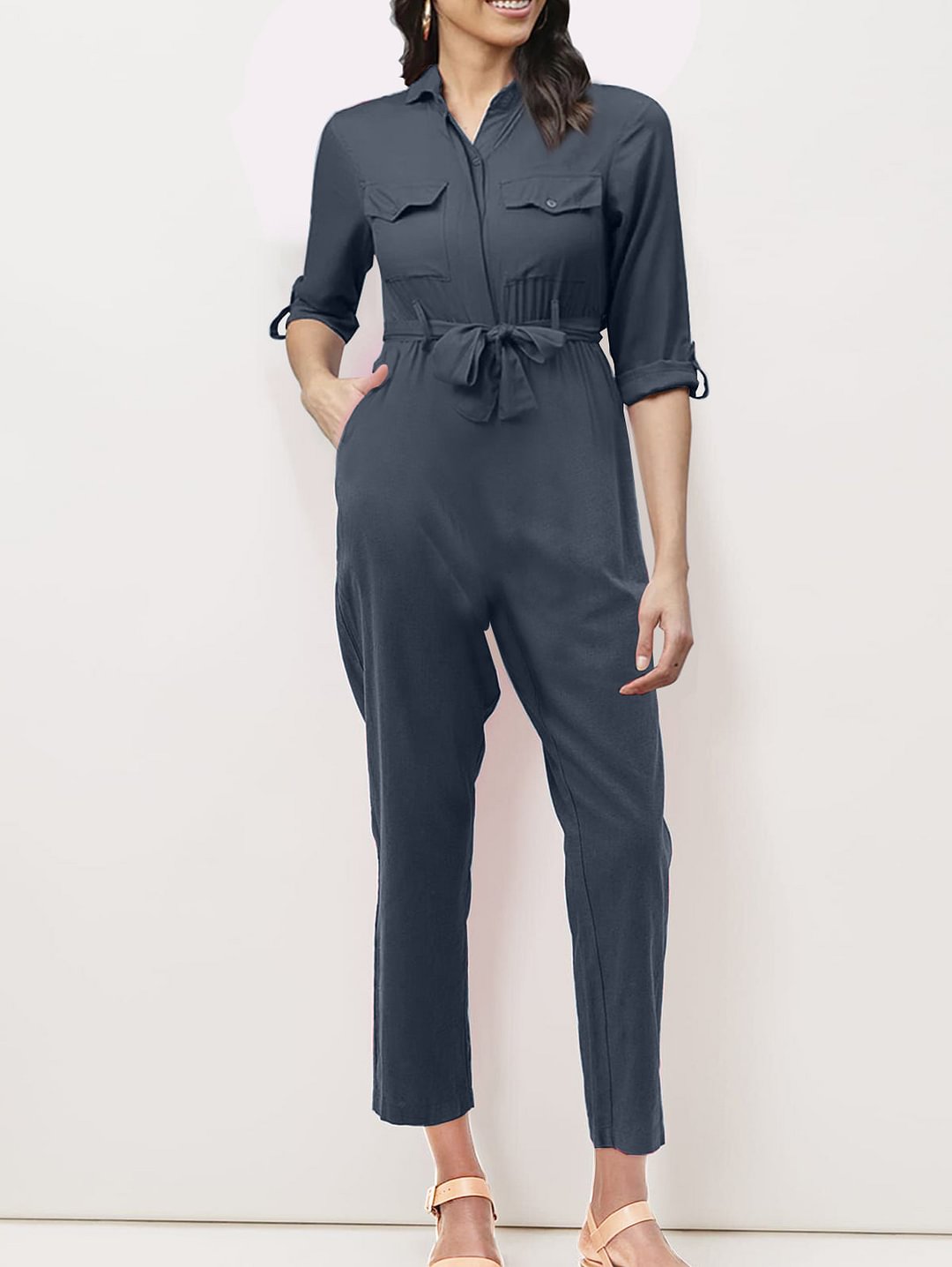 Flap Pocket Belt Rolled Sleeve Jumpsuit