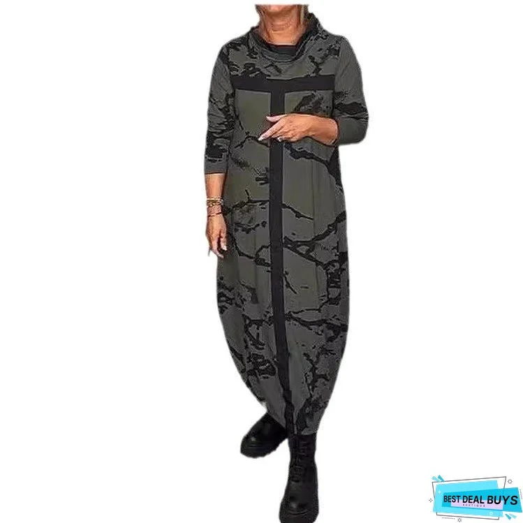 Fashion Multicolor Printing Stand Collar Long Dresses