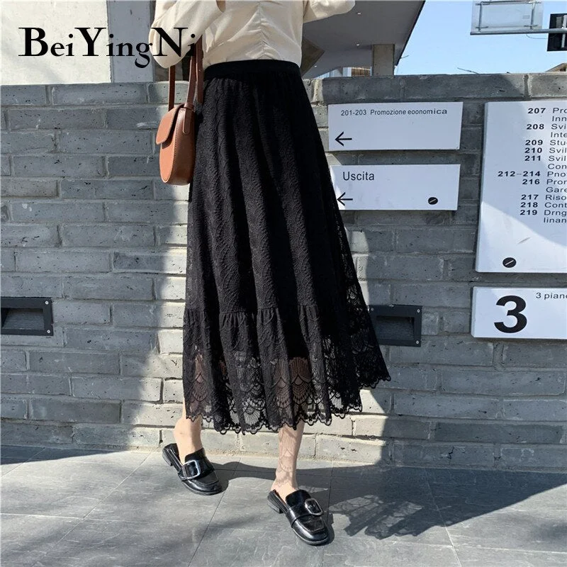 Beiyingni 2019 Fashion Midi Women's Skirt Hollow Out Lace Korean Casual A Line Skirt Simple Long Elegant Street OL Faldas Mujer