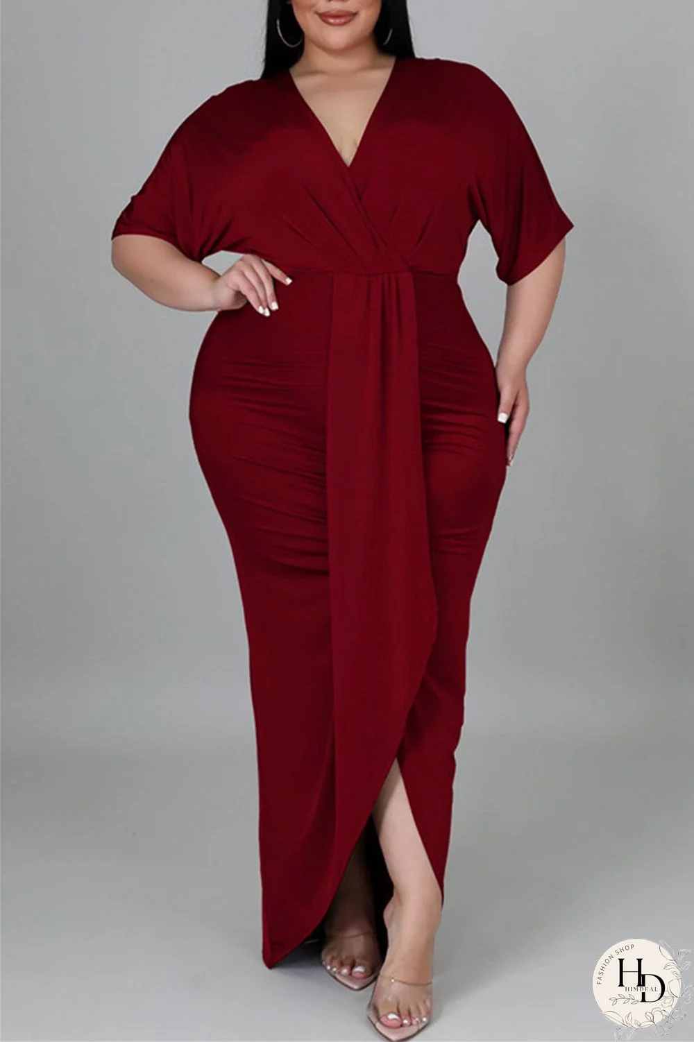Burgundy Fashion Casual Solid Patchwork V Neck Short Sleeve Dress Plus Size Dresses