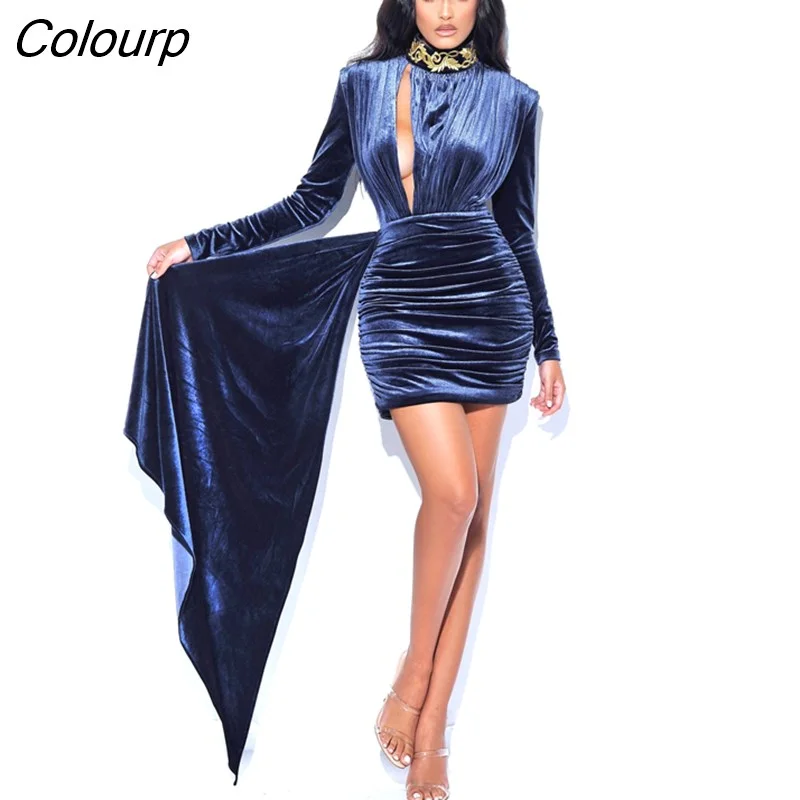 Colourp Quality Blue Yellow Long Sleeve Keyhole Bodycon Velvet Dress Elegant Evening Party Dress Vestidos