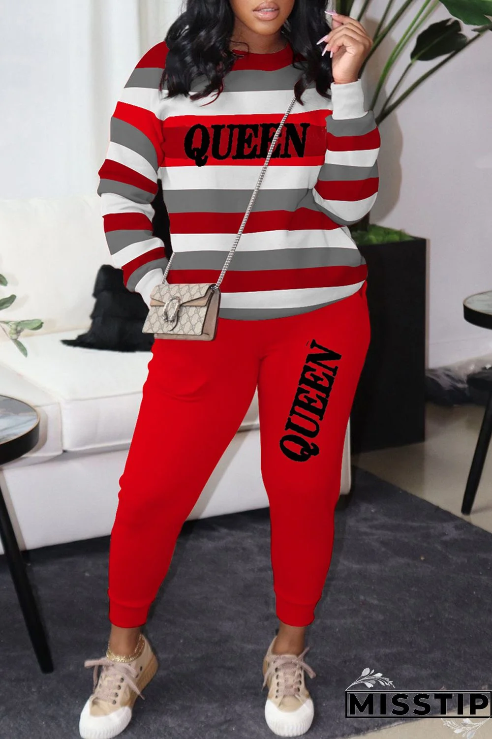 Red Fashion Casual Letter Print Basic O Neck Long Sleeve Two Pieces